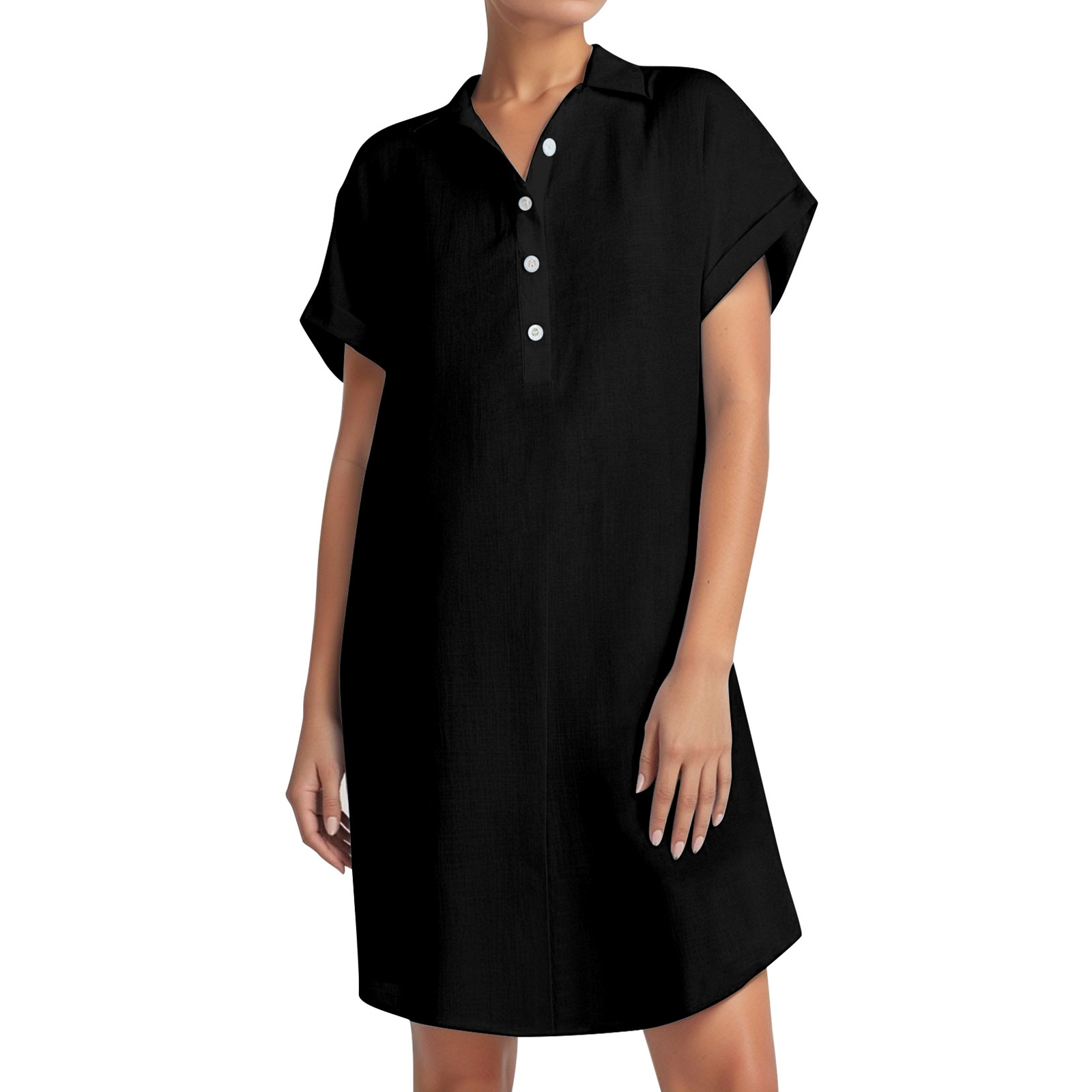 thumbnail image 1 of Vestido camisero de manga corta con botones para mujer: túnica informal de color liso, tejido suave y transpirable, versátil para tres estaciones., 1 of 5